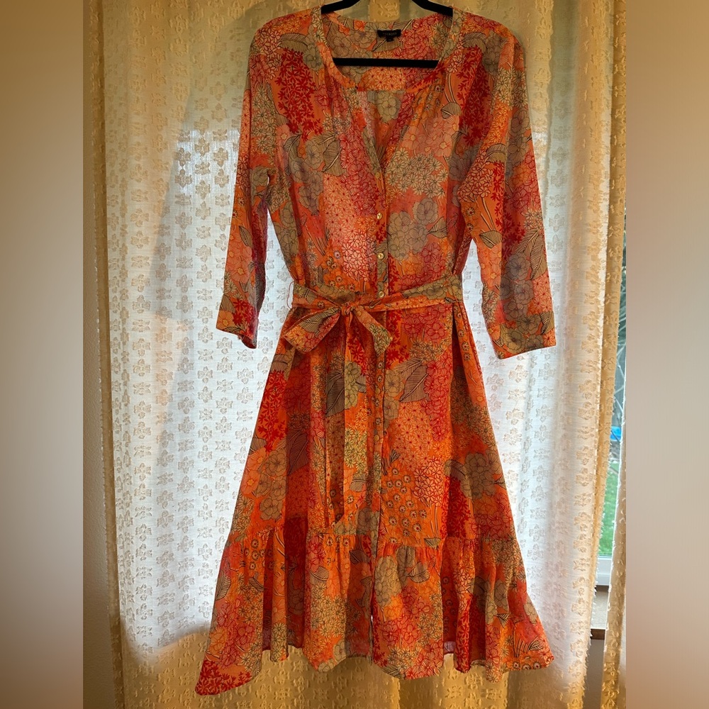 Talbots Shirt Dress Women's 14 Pink Retro Floral Belted Ruffle Cotton
